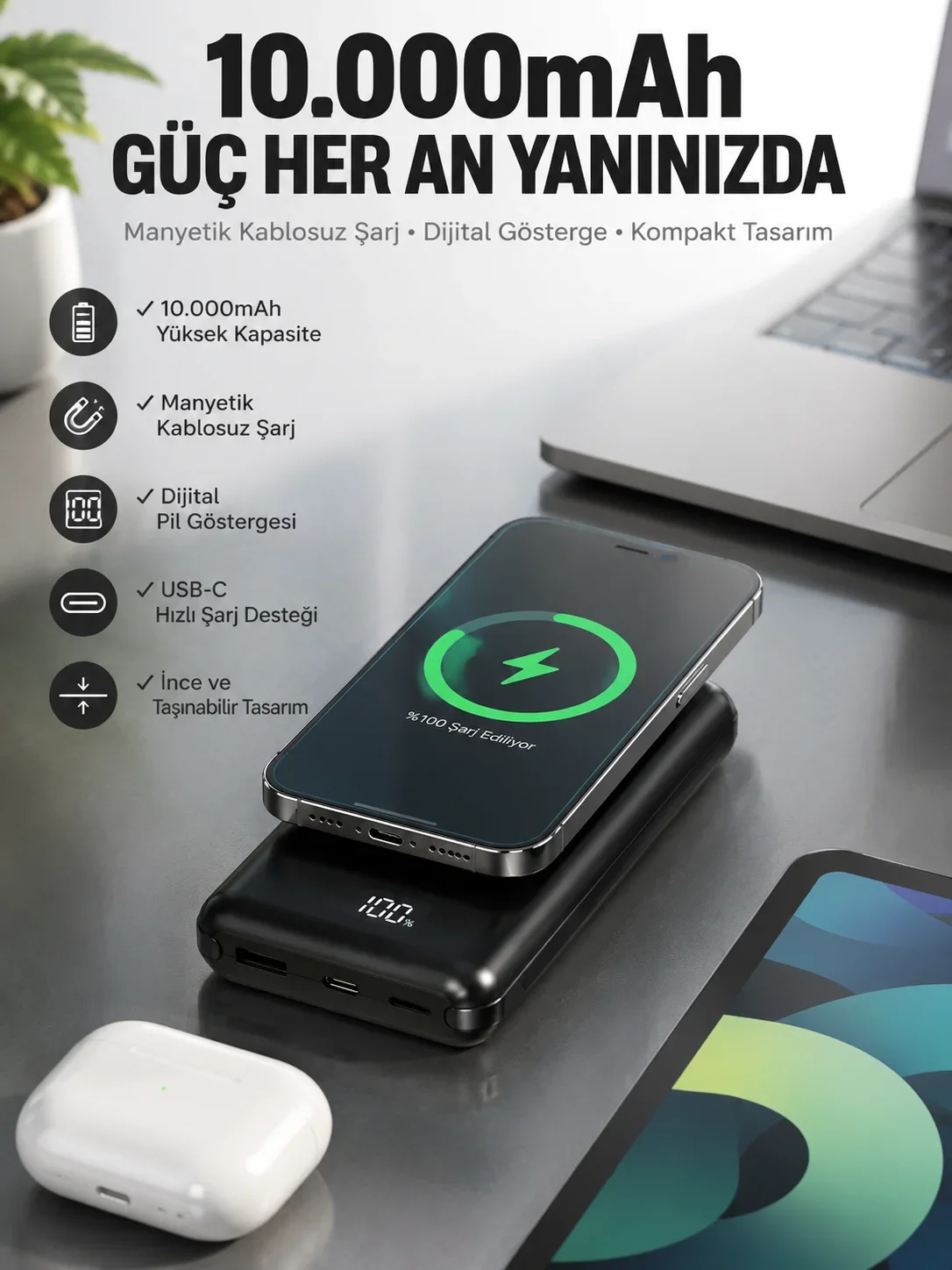 10.000 Mah Powerbank 4 Portlu Hızlı Şarj Dijital Göstergeli