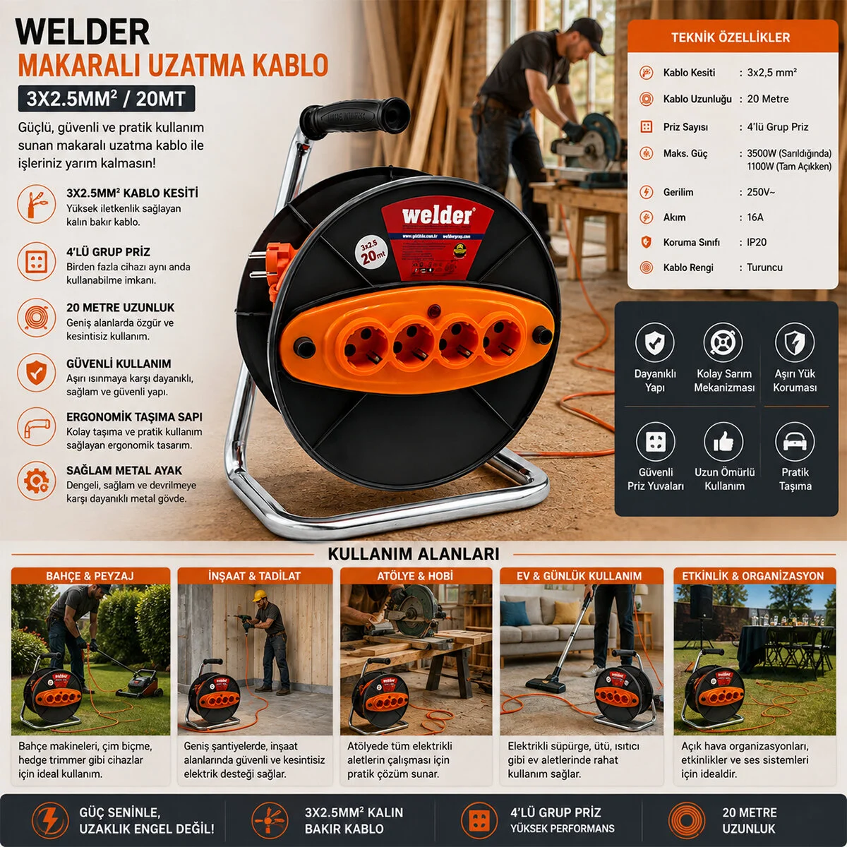 Ct Welder 3X2.5MM 20MT Makaralı Uzatma Kablo görsel 4