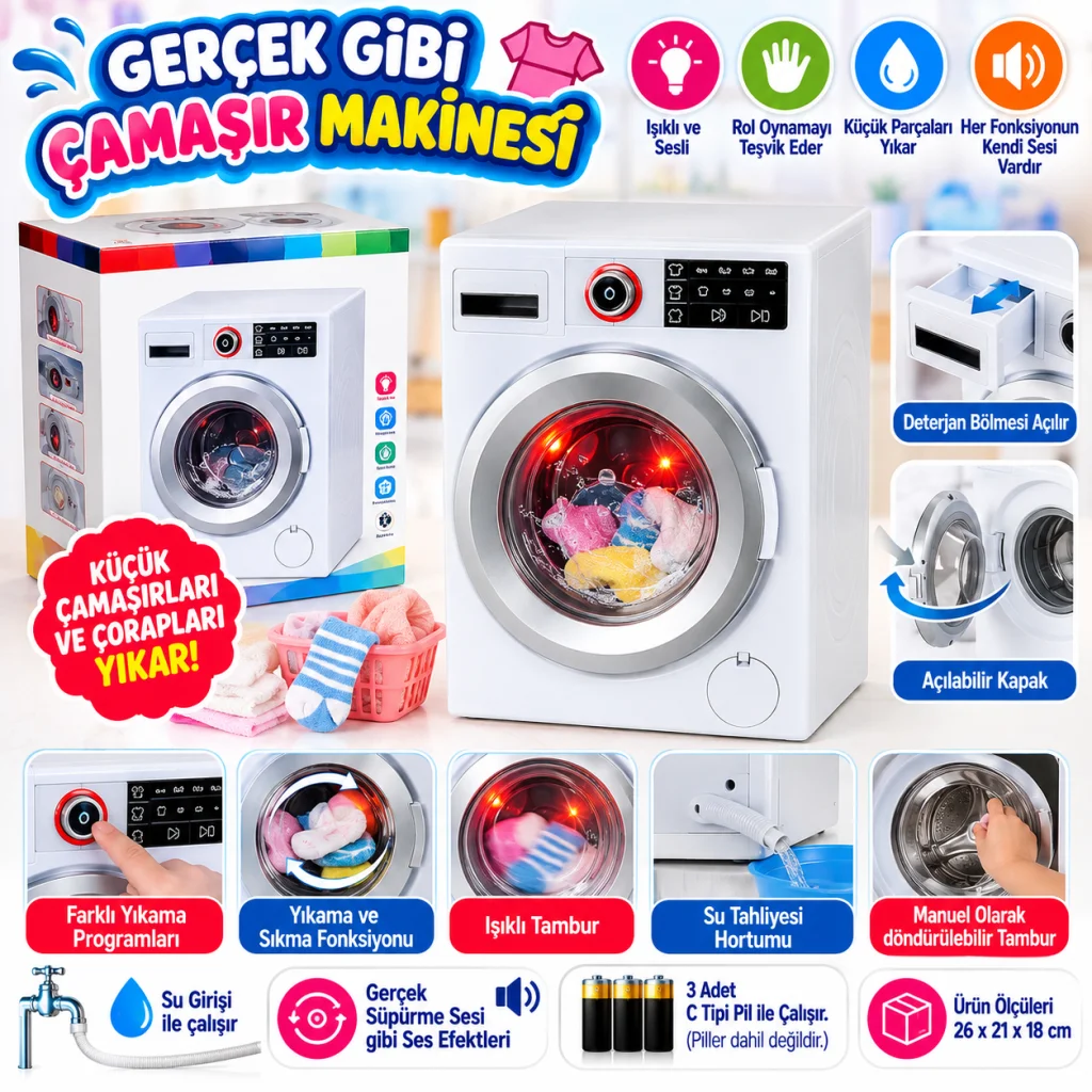 9213 Oyuncak Sesli Işıklı Çamaşır Makinesi adet fiyatıdır