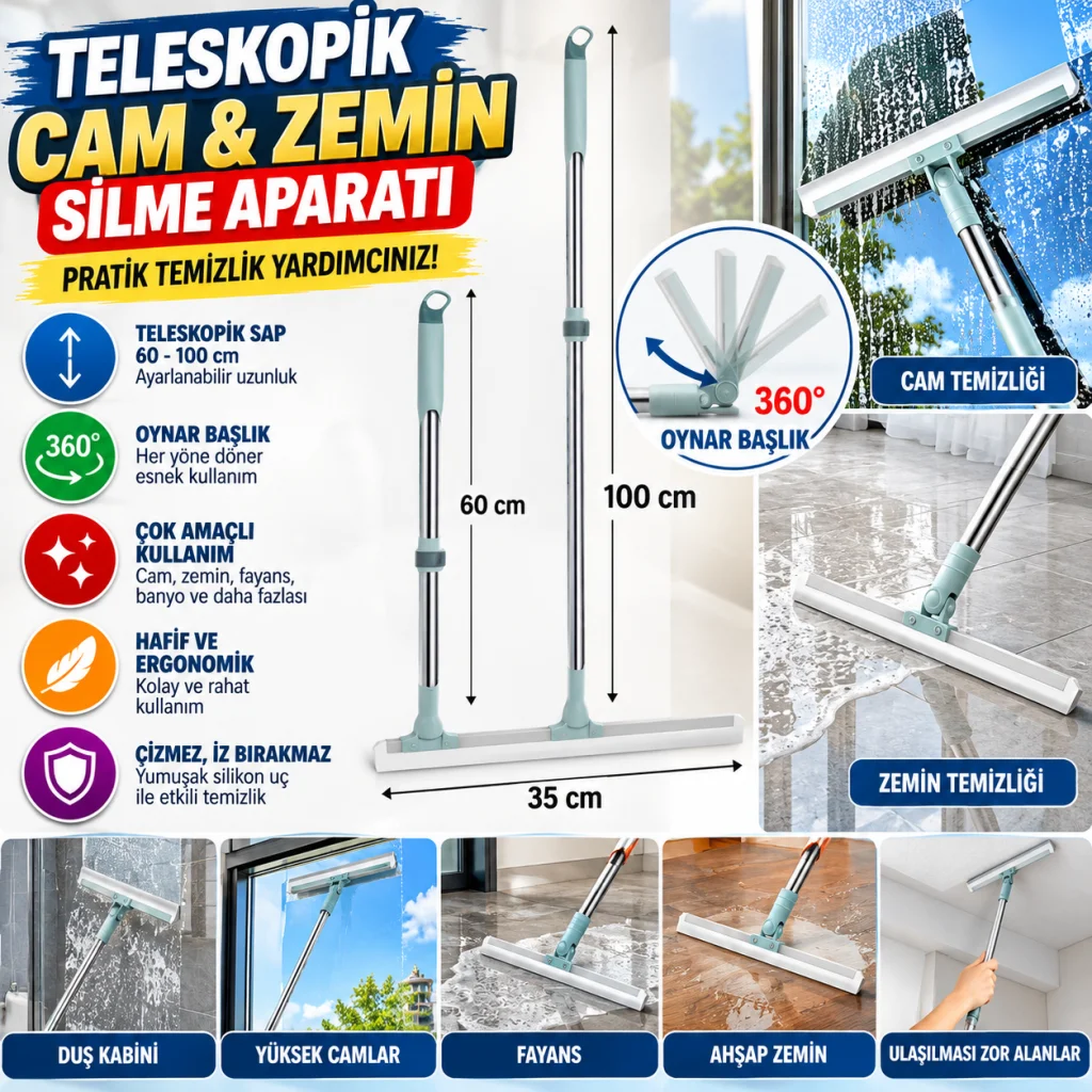 Teleskopik Oynar Başlıklı Cam,Zemin Silme Aparatı Çekçek