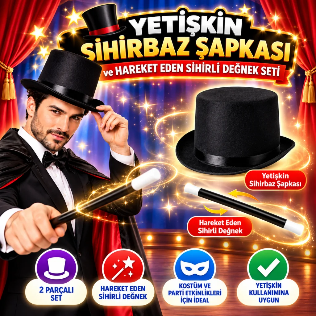 Yetişkin Sihirbaz Şapkası ve Hareket Eden Sihirli Değnek Seti