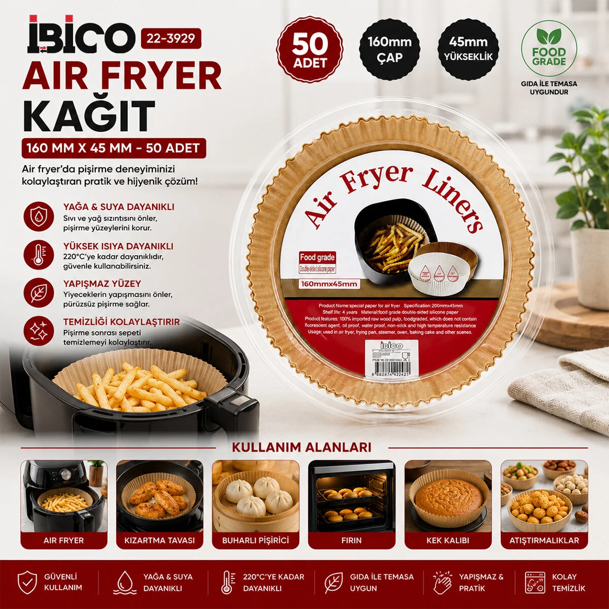 50PCS Yuvarlak Taban: 16CM - Kenar: 4.5CM Air Fryer Pişirme Kalıp Kağıt görsel 2