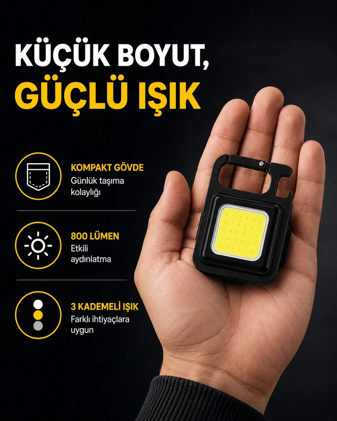 LED ni Anahtarlık Fener – 1000 Lümen Güçlü Işık ve USB Type-C Şarjlı Yeni Nesil