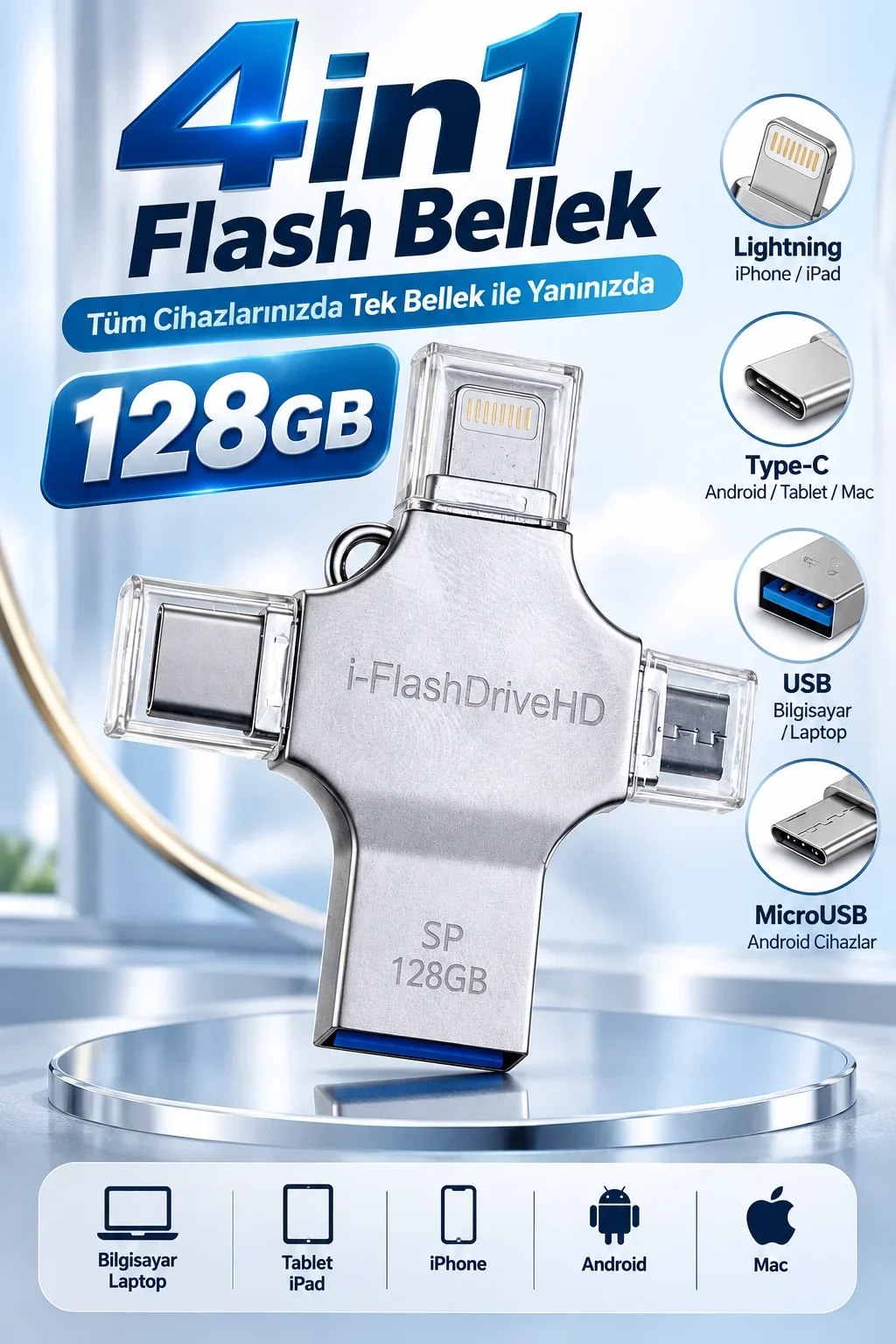 4in1 128GB Flash Bellek USB Type-C Lightning MicroUSB Çoklu Girişli Taşınabilir USB Bellek