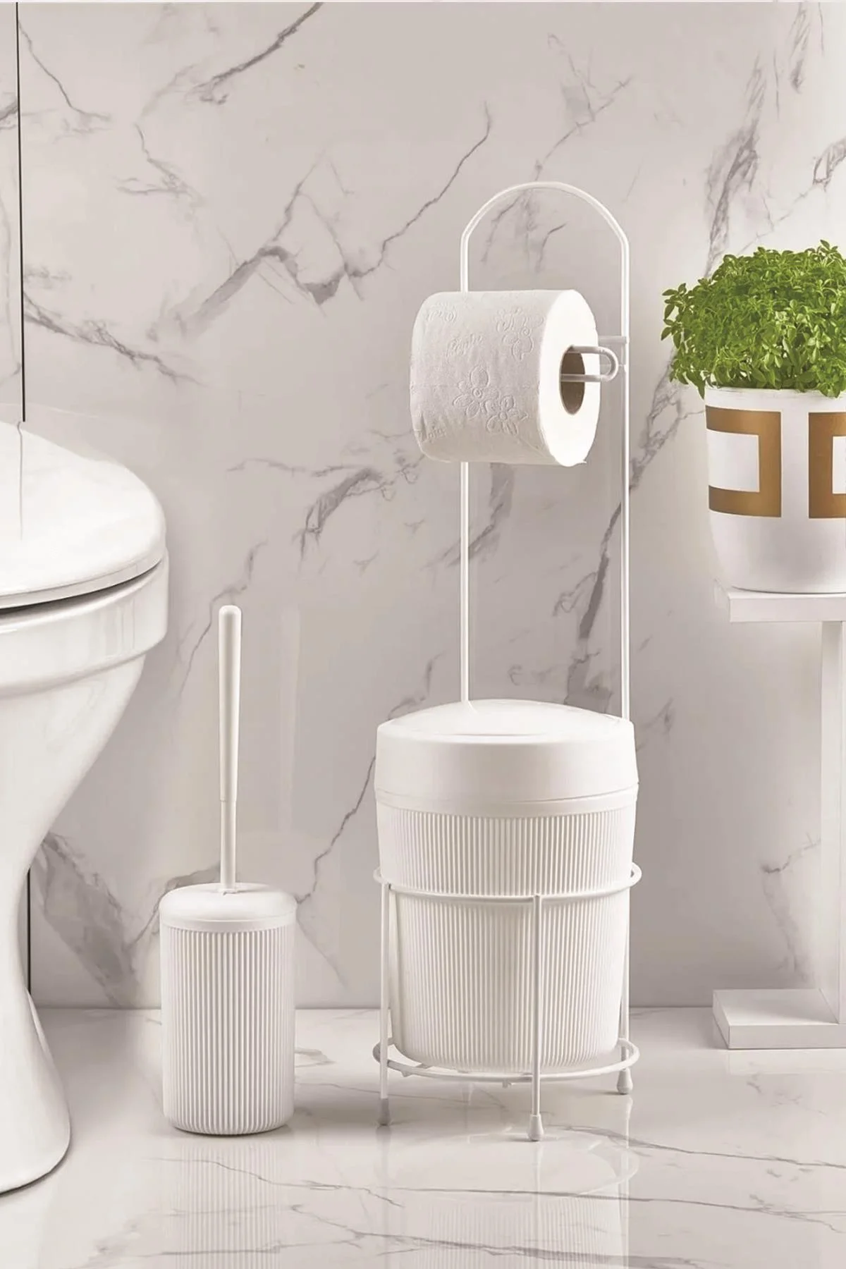 Metal Standlı Yuvarlak Kovalı & Kağıtlıklı & Fırçalıklı Beyaz Banyo Takımı görsel 2