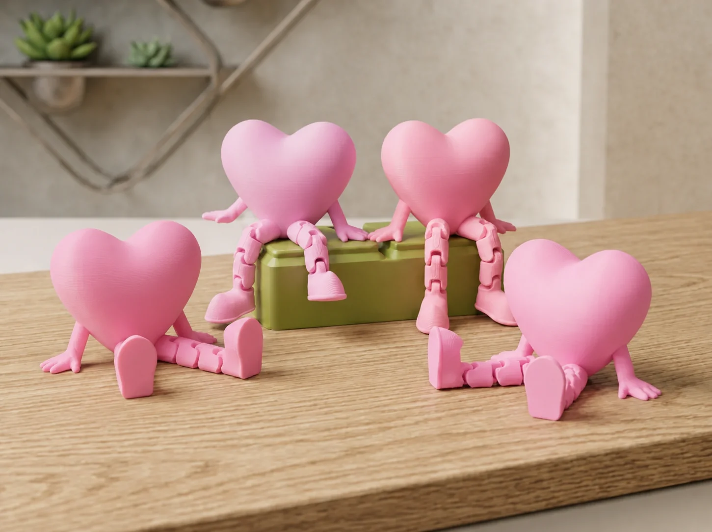 3D Baskı Hareketli Kalp Figürü - Eklemli Dekoratif Oyuncak (1 Adet)-Pembe
