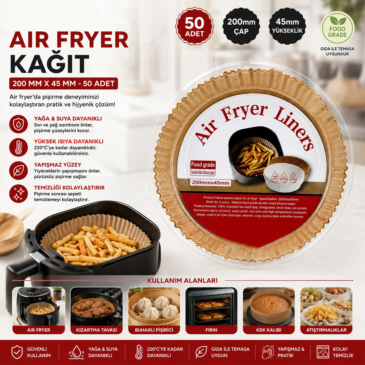 Air fryer için yuvarlak kağıt pişirme kalıbı (20 cm taban, 4.5 cm kenar) 50'li görsel 2