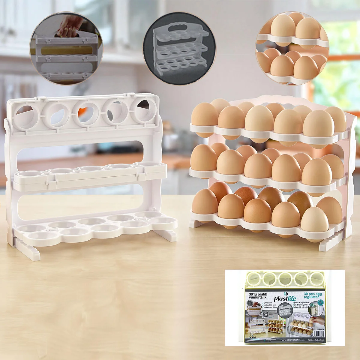 Buzdolabı yumurta organizeri 3 katlı 30 bölmeli