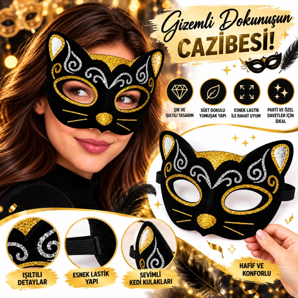 Kadife Dokulu Sim Detaylı Işıltılı Kedi Maskesi Altın Gümüş 20x13 cm görsel 2