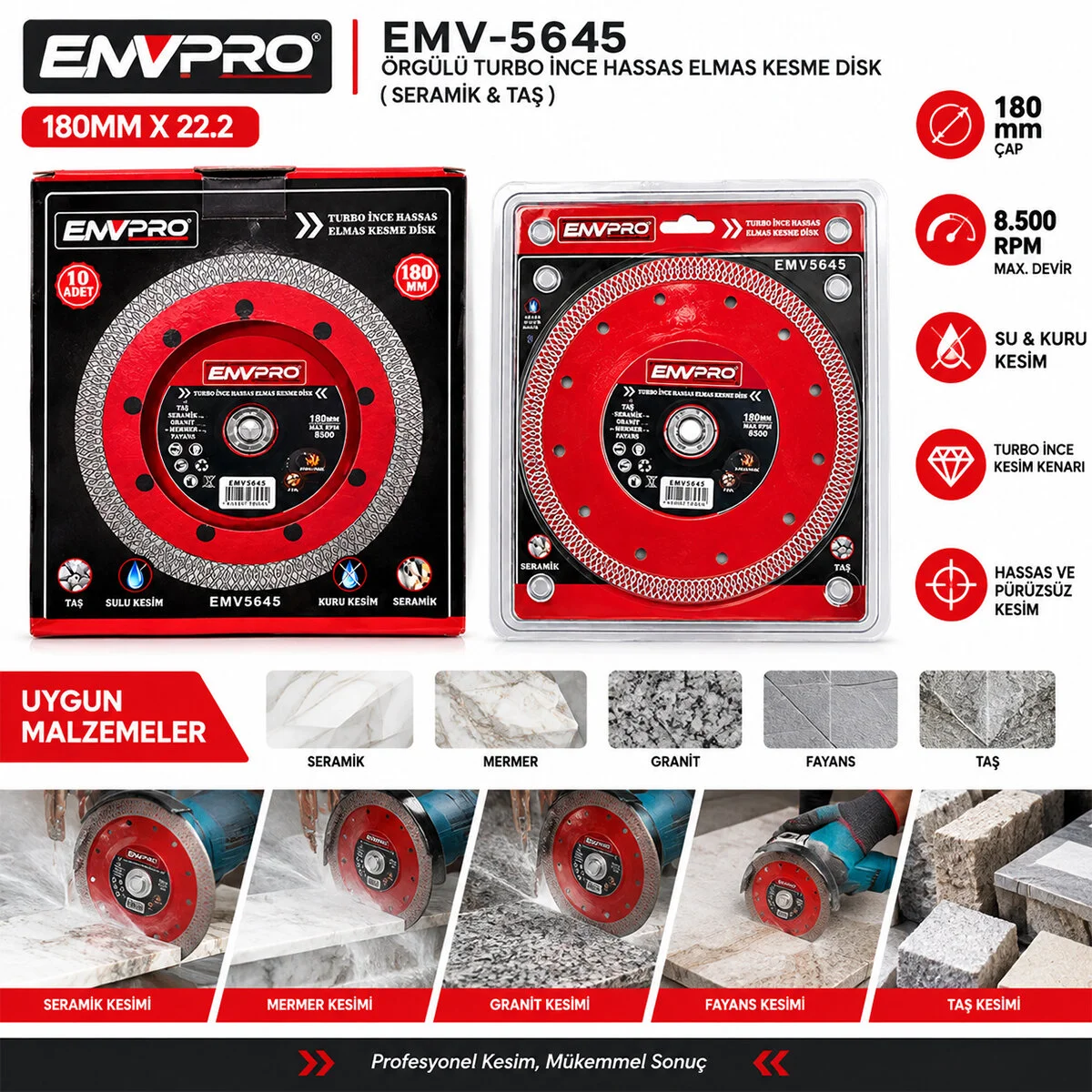 10 Adet Örgülü Turbo İnce Hassas Elmas Kesme Disk Seramik - Taş 180MMX22.2 Max 8.500PRM görsel 2