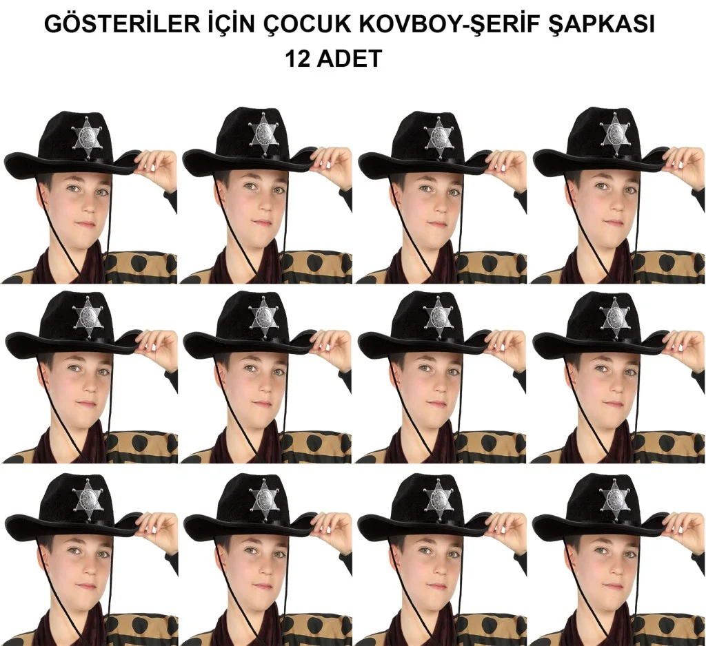 Kovboy Şerif Şapkası Siyah 12 Adet - Kostüm, Parti ve Gösteri Şapkası