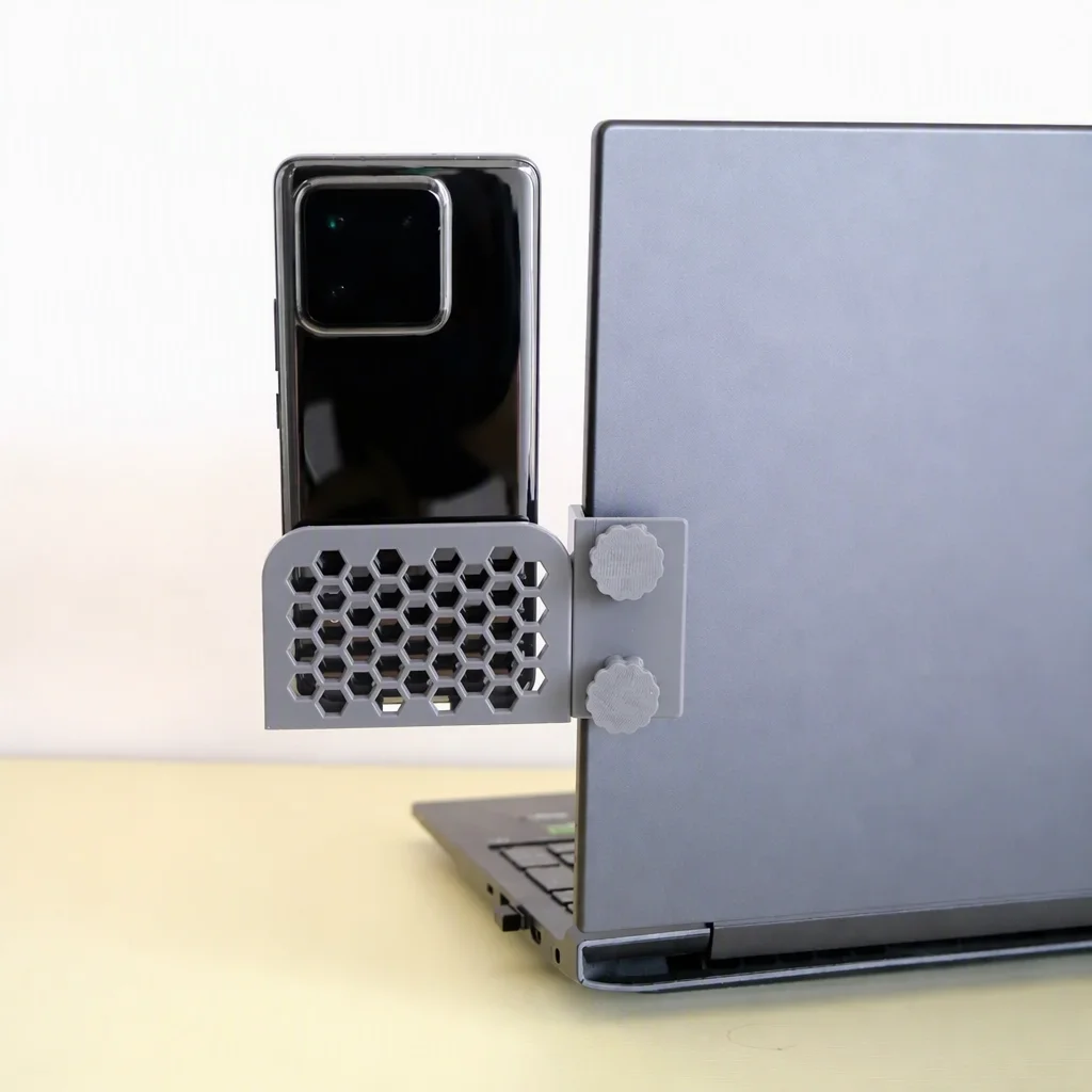 3D Baskı Monitor Telefon Tutucu - Petek Desenli Laptop Kenar Telefon Tutucu-Gri görsel 3