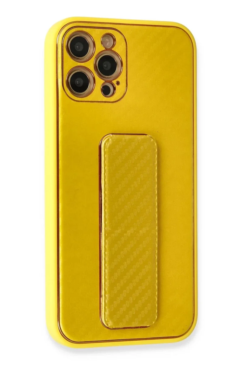 Apple iPhone 12 Pro Max Kılıf Coco Karbon Standlı Kapak - Sarı görsel 2