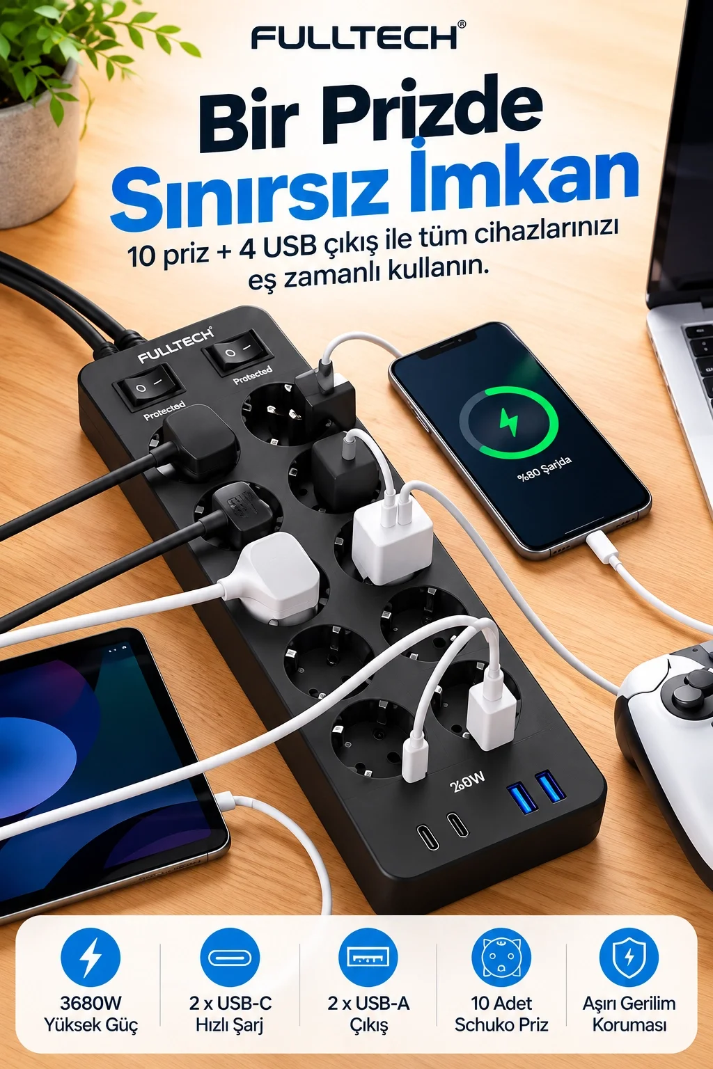 Akım Korumalı 10’lu Çoklu Priz 3680W 20W Hızlı Şarj 2 USB-C 2 USB-A 2 Metre Kablolu Ftr-30 görsel 4