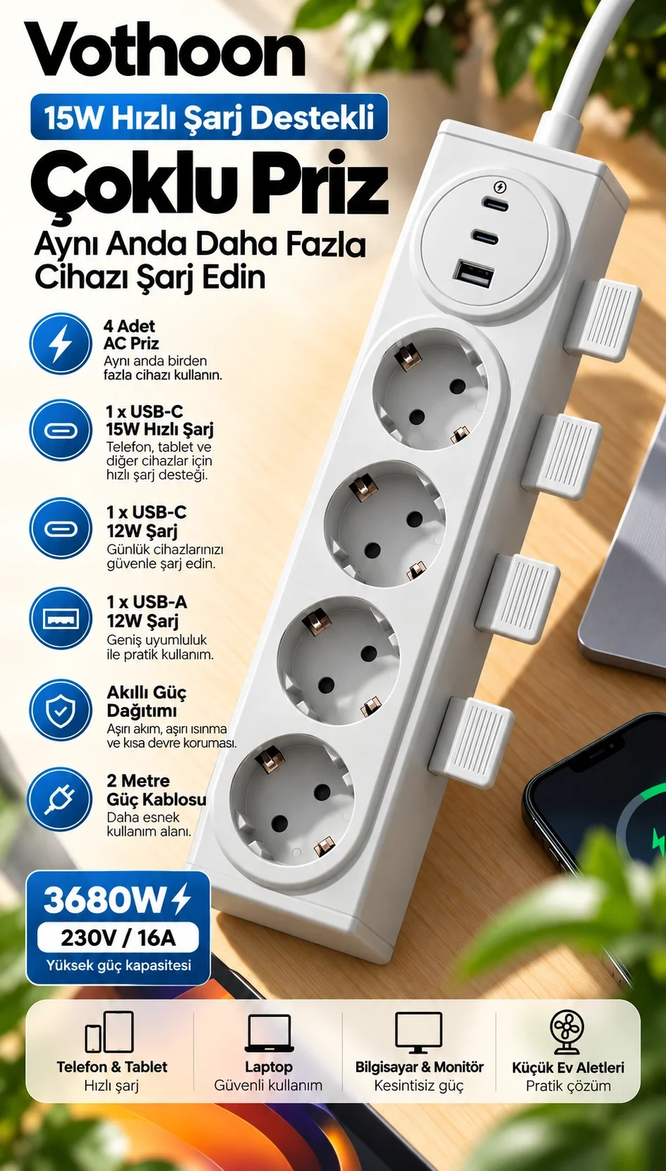 Vothoon 4’lü Akıllı Priz Tek Dokunuşla Fiş Çıkarma 2 Metre Kablo 2 Type-C + USB 15W Hızlı Şarj 3680W Krem