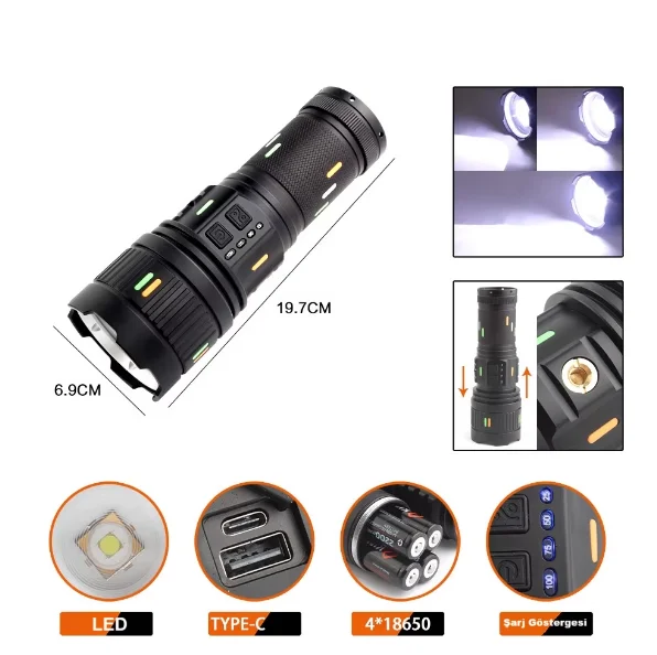 Pro F-3001 Alüminyum TG LED Güç Göstergeli Type-C Şarjlı El Feneri 100 W görsel 2