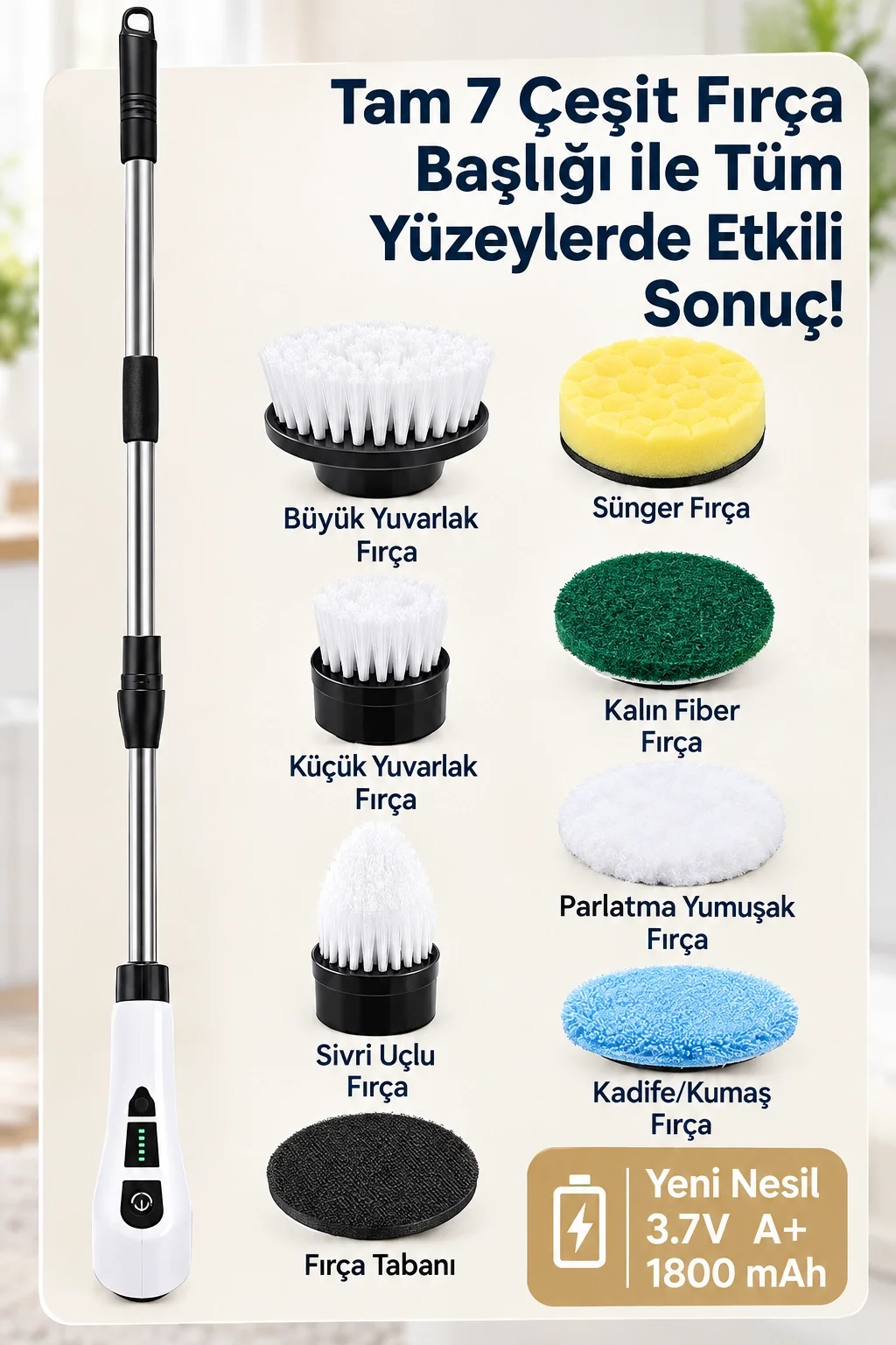 Turbo Clean Elektrikli Temizlik Fırçası 7 Başlıklı Kablosuz Şarjlı Döner Fırça görsel 3