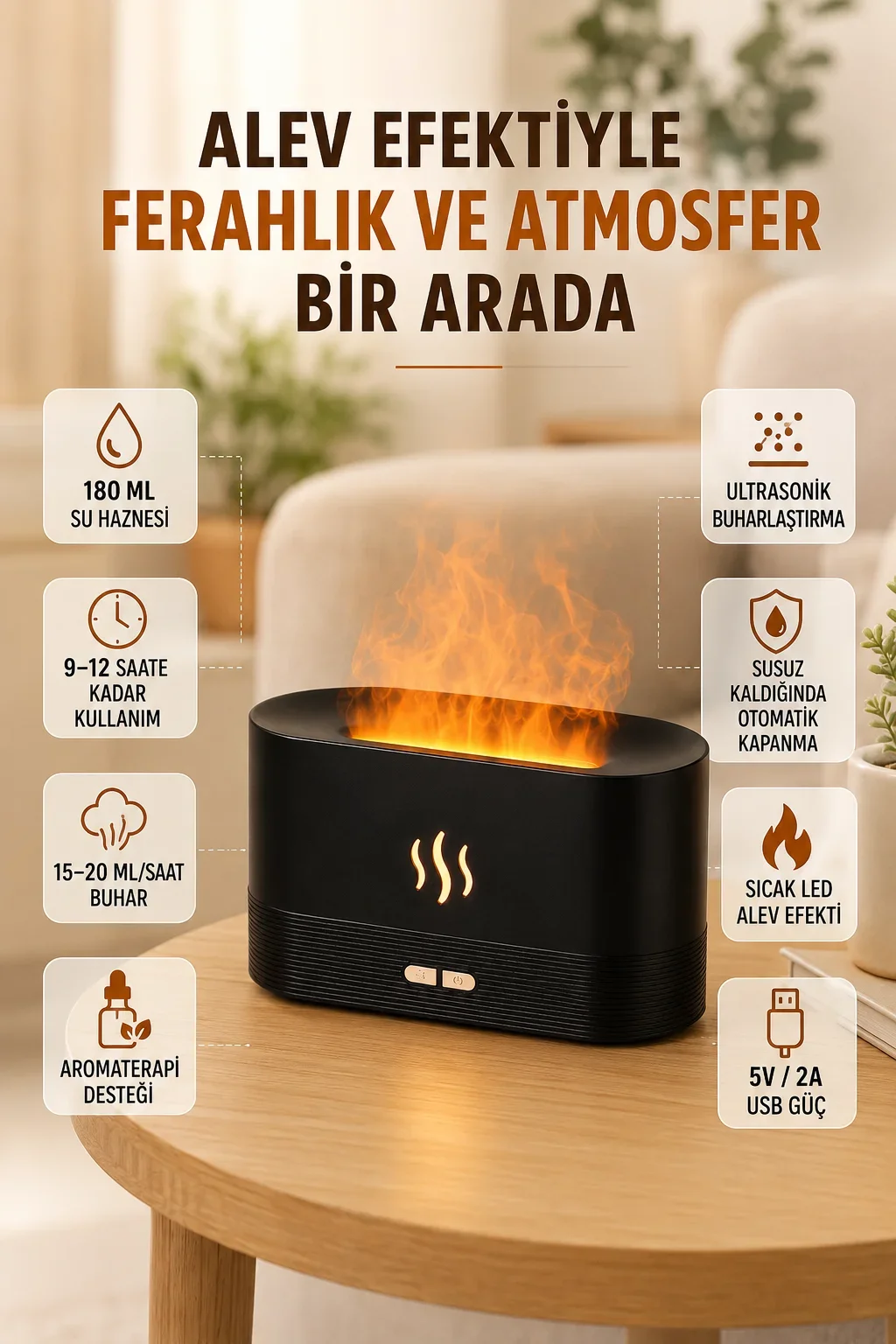180 ML Alev Efektli Aroma Difüzörü Ultrasonik Buharlı Aromaterapi Cihazı görsel 3