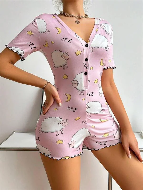 Pamuklu Pembe Kuzu Desenli Düğmeli Uzun Kol Tulum Pijama görseli