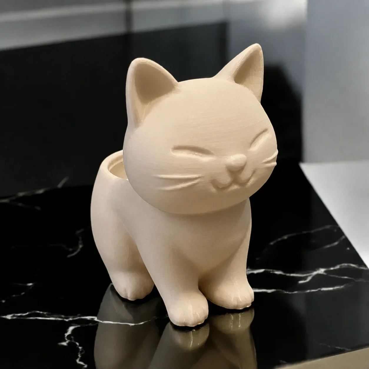 3D Baskı Sevimli Kedi Saksı - Figürlü Sukulent Saksısı-Bej görsel 2