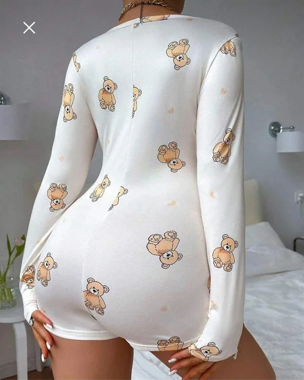 Pamuklu Beyaz Ayıcık Desenli Düğmeli Uzun Kol Tulum Pijama görseli