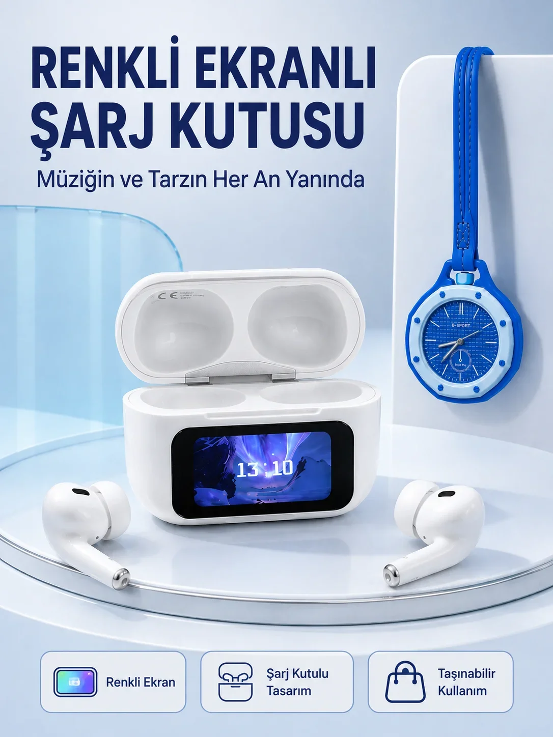 Dokunmatik Kablosuz Kulaklık + Mavi Askılı og Charm Saat İkili Set