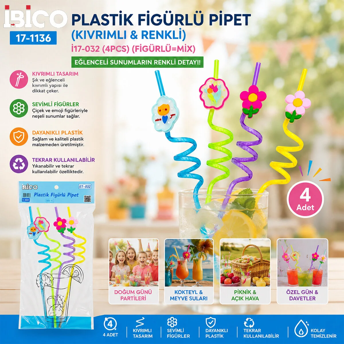 4PCS Kıvrımlı - Renkli Plastik Pipet Figürlü=x görsel 2
