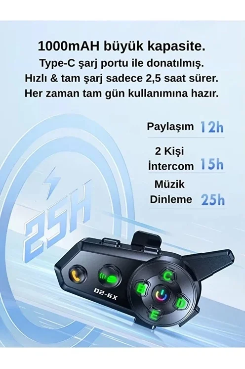 D2-6x 1000m Mesafeli 6 Klı İntercom Bluetooth Motosiklet Kask Kulaklığı İntercom Kulaklık görsel 5