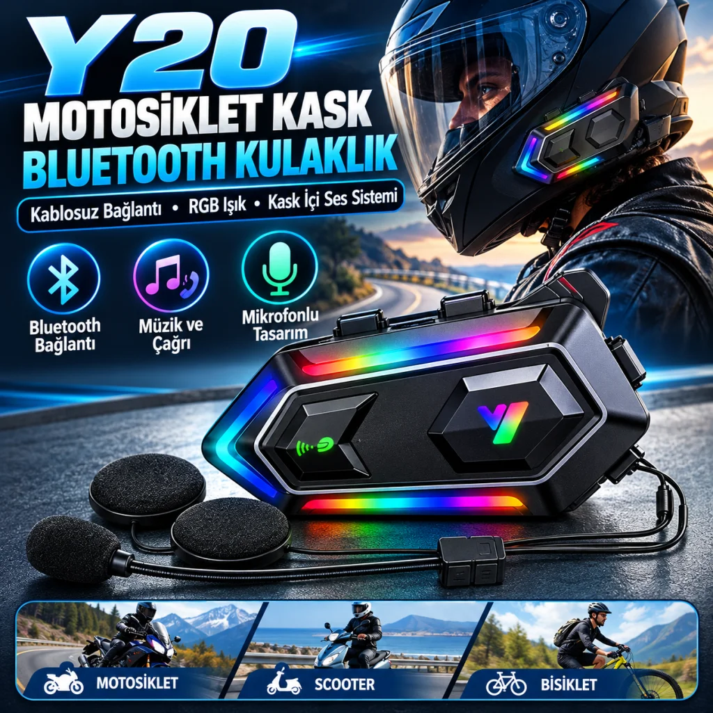 Y20 Motorsikletler İçin Kablosuz Bluetooth Kulaklıklı – Suya Dayanıklı, Uzun Ömürlü Batarya, Gürültü Engelleme Özellikli Kask Kulaklığı