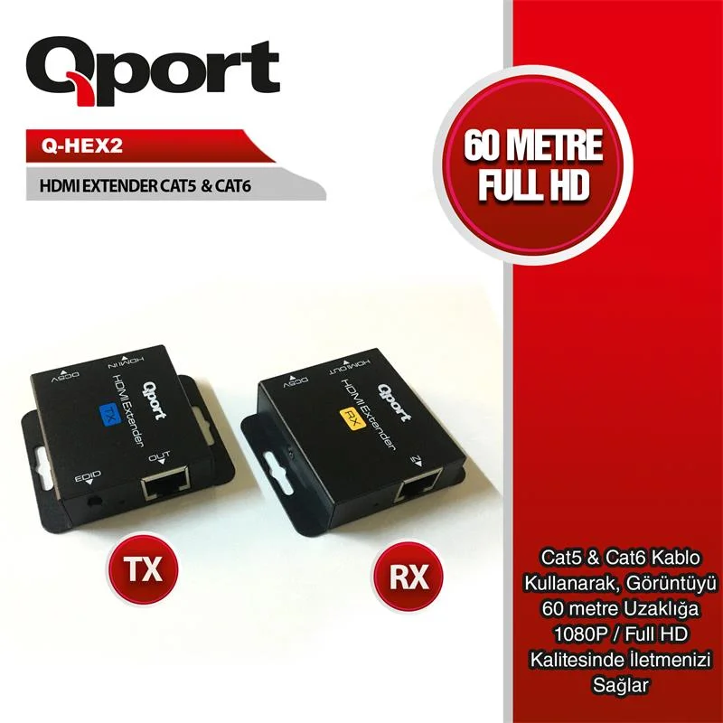 Q-HEX2 Hdmı Extender CAT6 60M 2 Li Paket (adaptör Dahil)