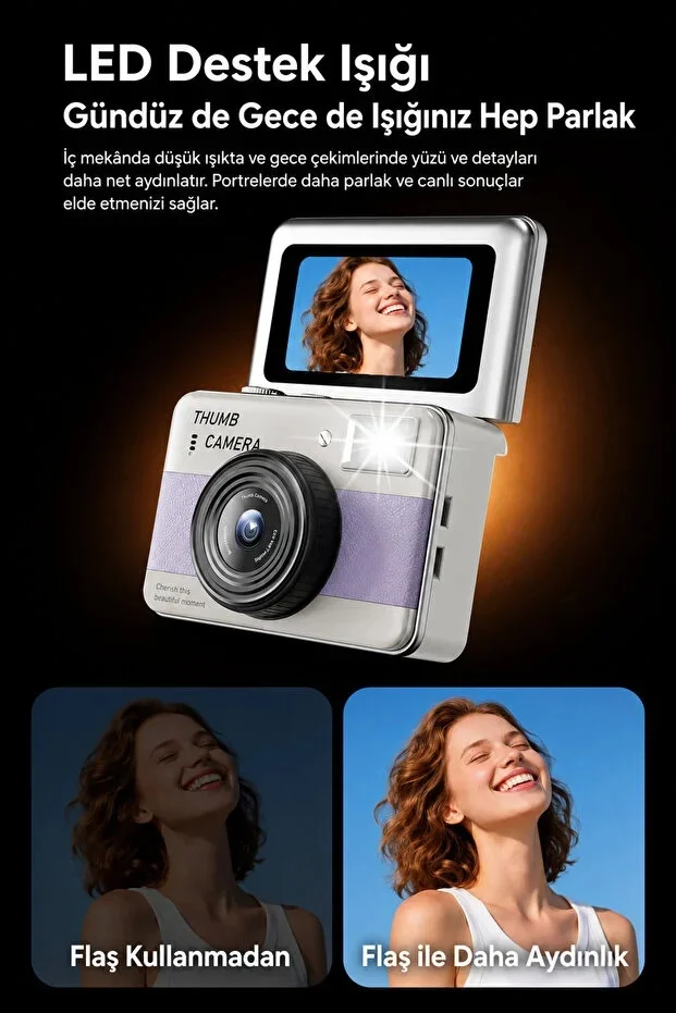 Retro ni Dijital Kamera 1080P 1.47 İnç Flip Ekranlı Flaşlı Selfie Vlog Kamerası 4GB SD Hediyeli Turuncu görsel 6