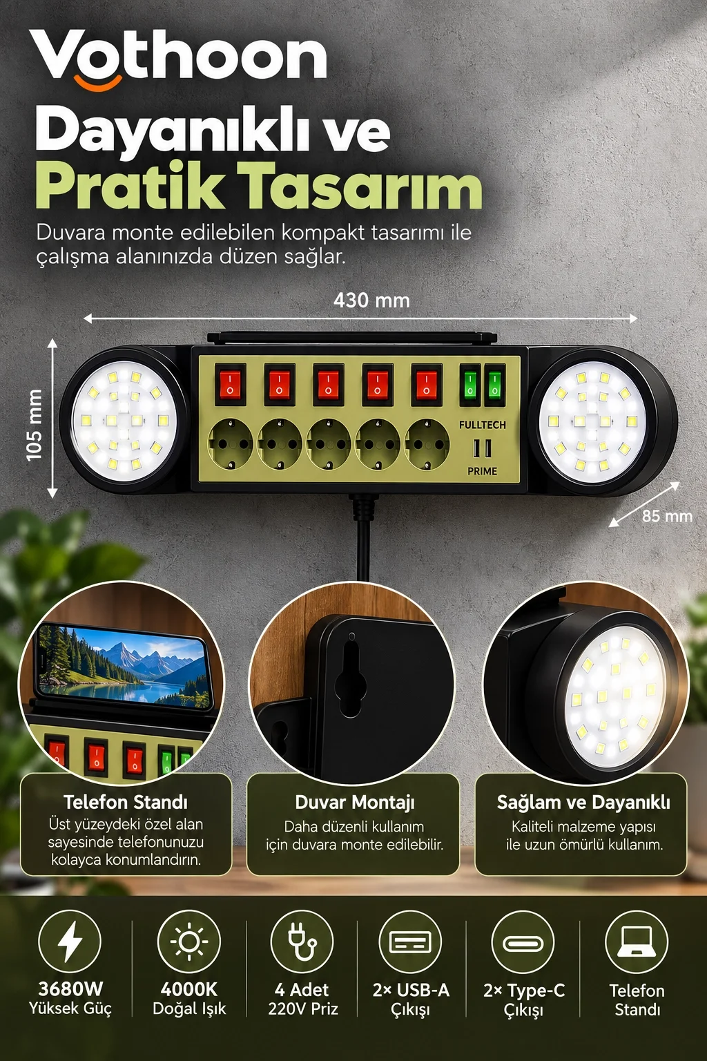 Akıllı Masaüstü Duvar Tipi Akım Korumalı 5’li Priz 3680W LED Işıklı USB-A Type-C Telefon Standlı görsel 5