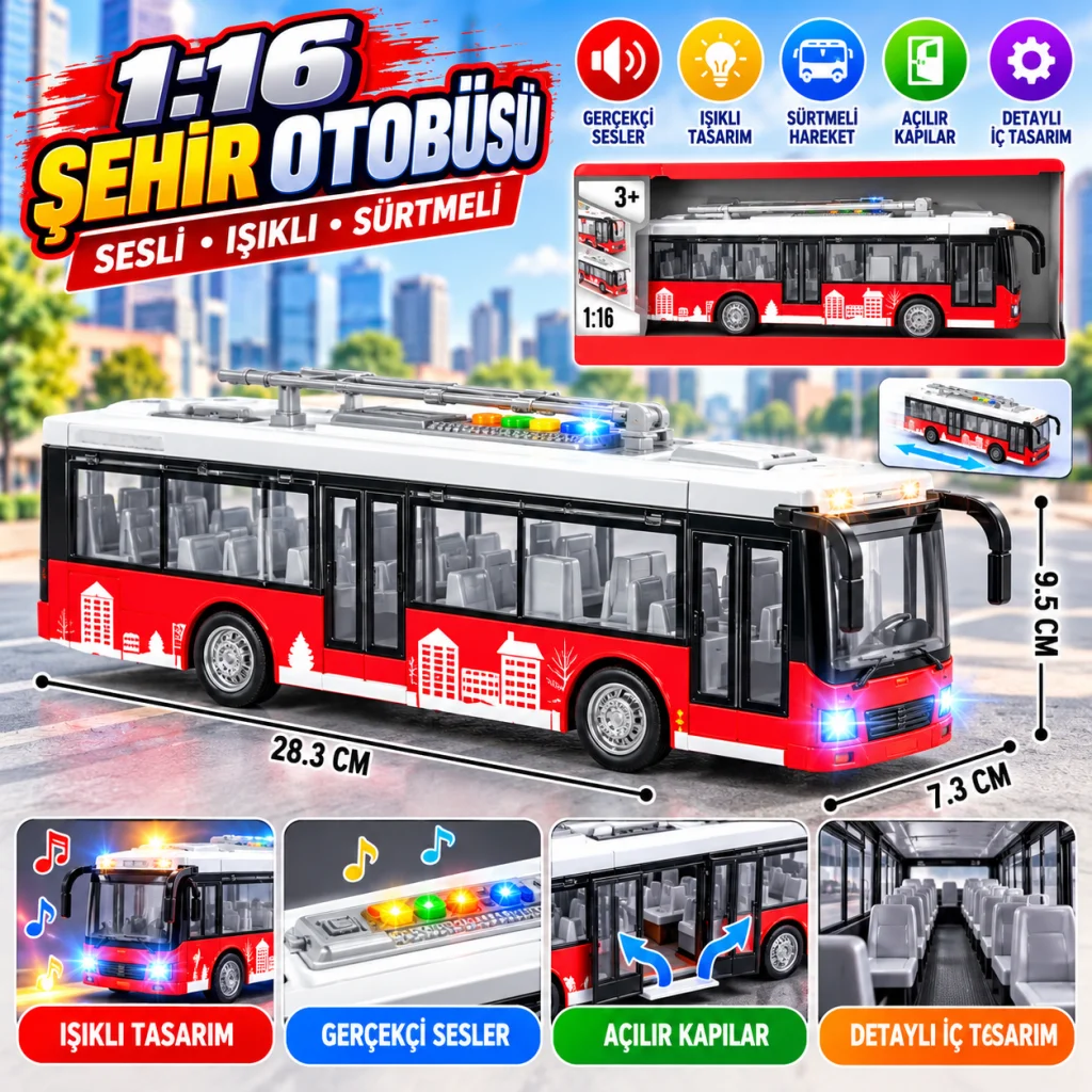 WY911A 1:16 Sesli Işıklı Sürtmeli Oyuncak Otobüs