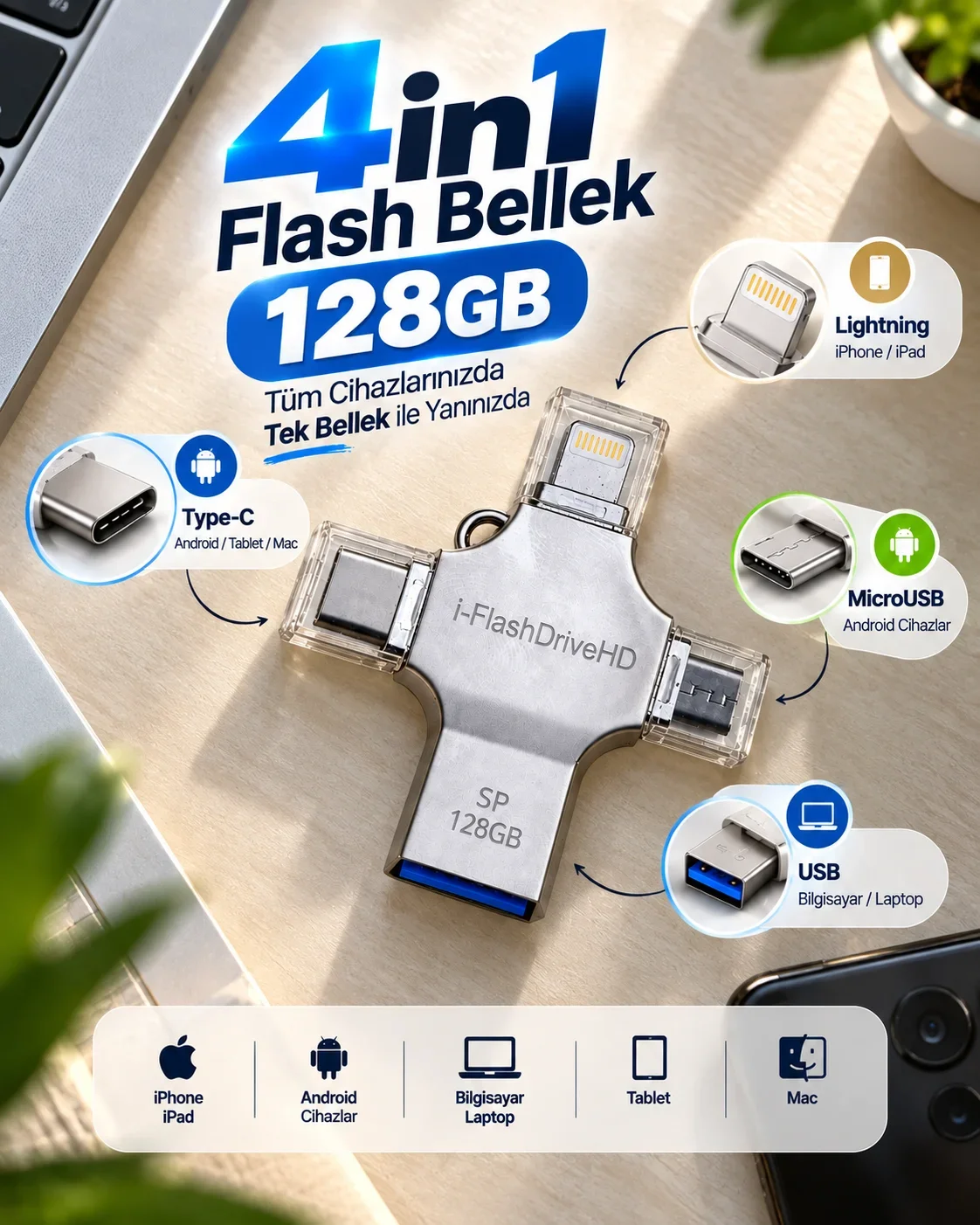 128GB Taşınabilir 4in1 Flash Bellek iPhone iPad Android Tablet Mac Bilgisayar Uyumlu
