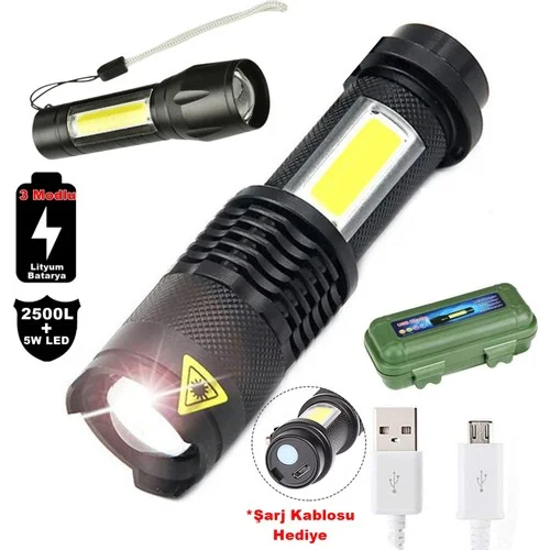 2500 Lumens + 5W COB LED USB Lion Şarjlı Ultra Güçlü Q5 XPE Su Geçirmez Şarjlı El Feneri görsel 2