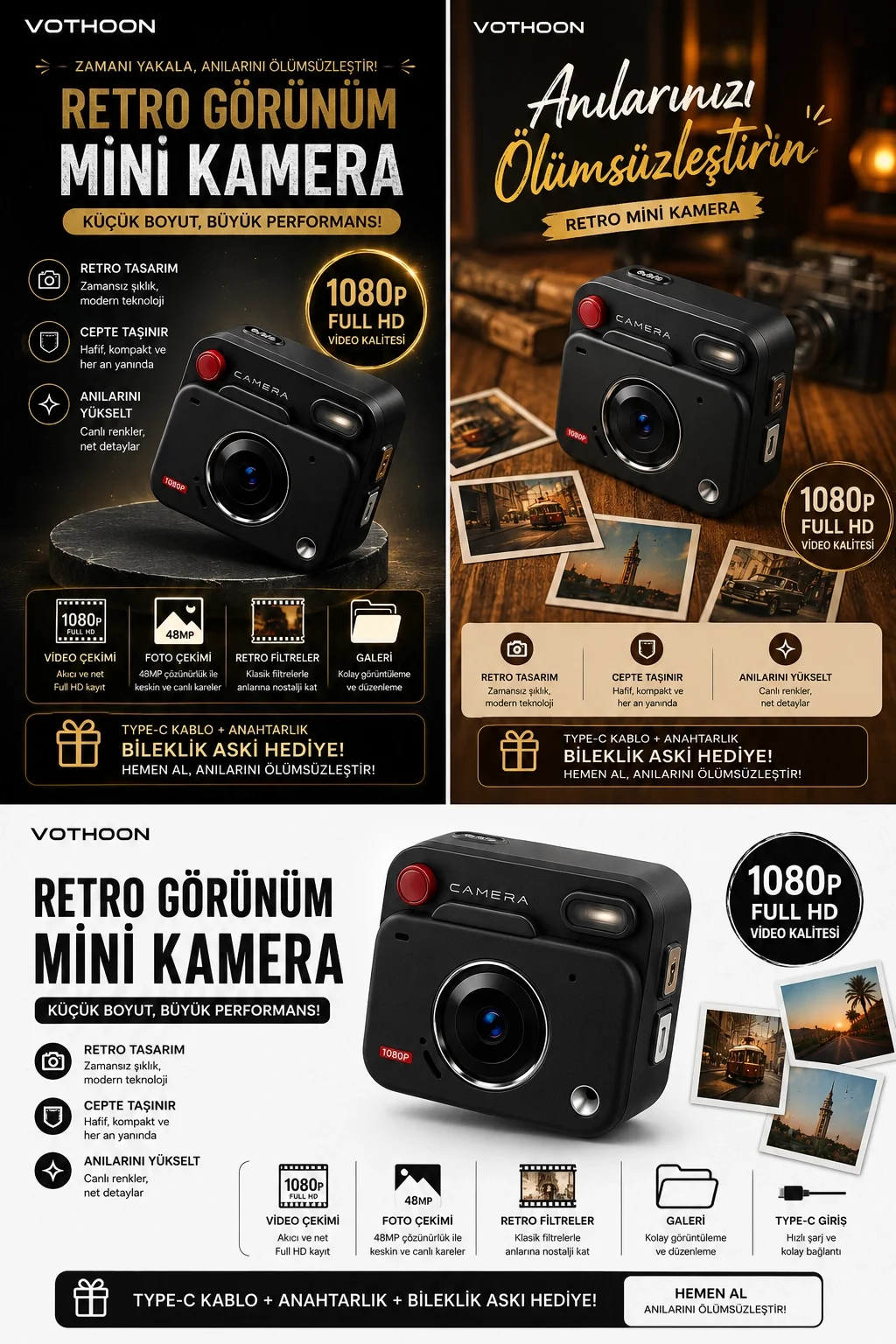 Nostaljik Tasarımı Retro Görünüm Kare ni Foto Video Kamera 1080P Full HD 32GB Kart Hediyeli görsel 3