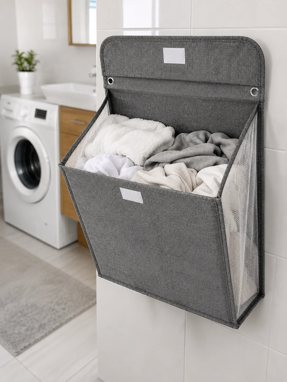 Banyo ve Çamaşır Odası İçin Duvara Asılan Katlanabilir Çamaşır Sepeti görsel 4