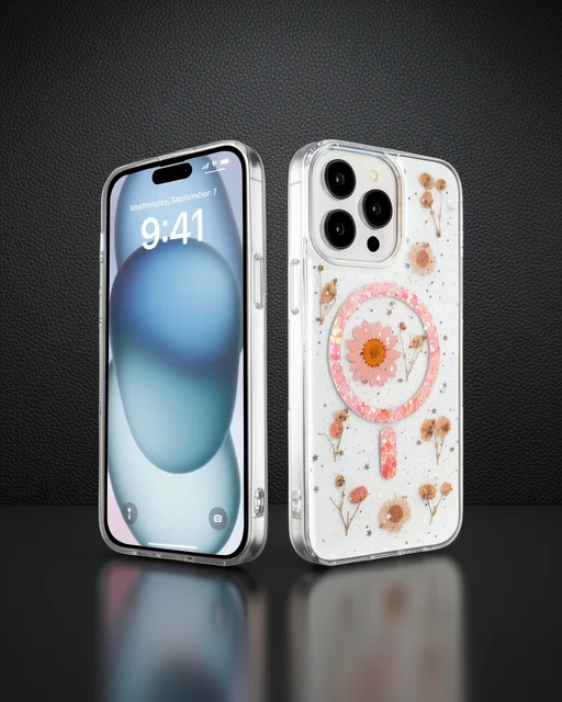 Apple İphone 15 Pro Max Kılıf Daisy Simli Magsafe Kapak - Pembe