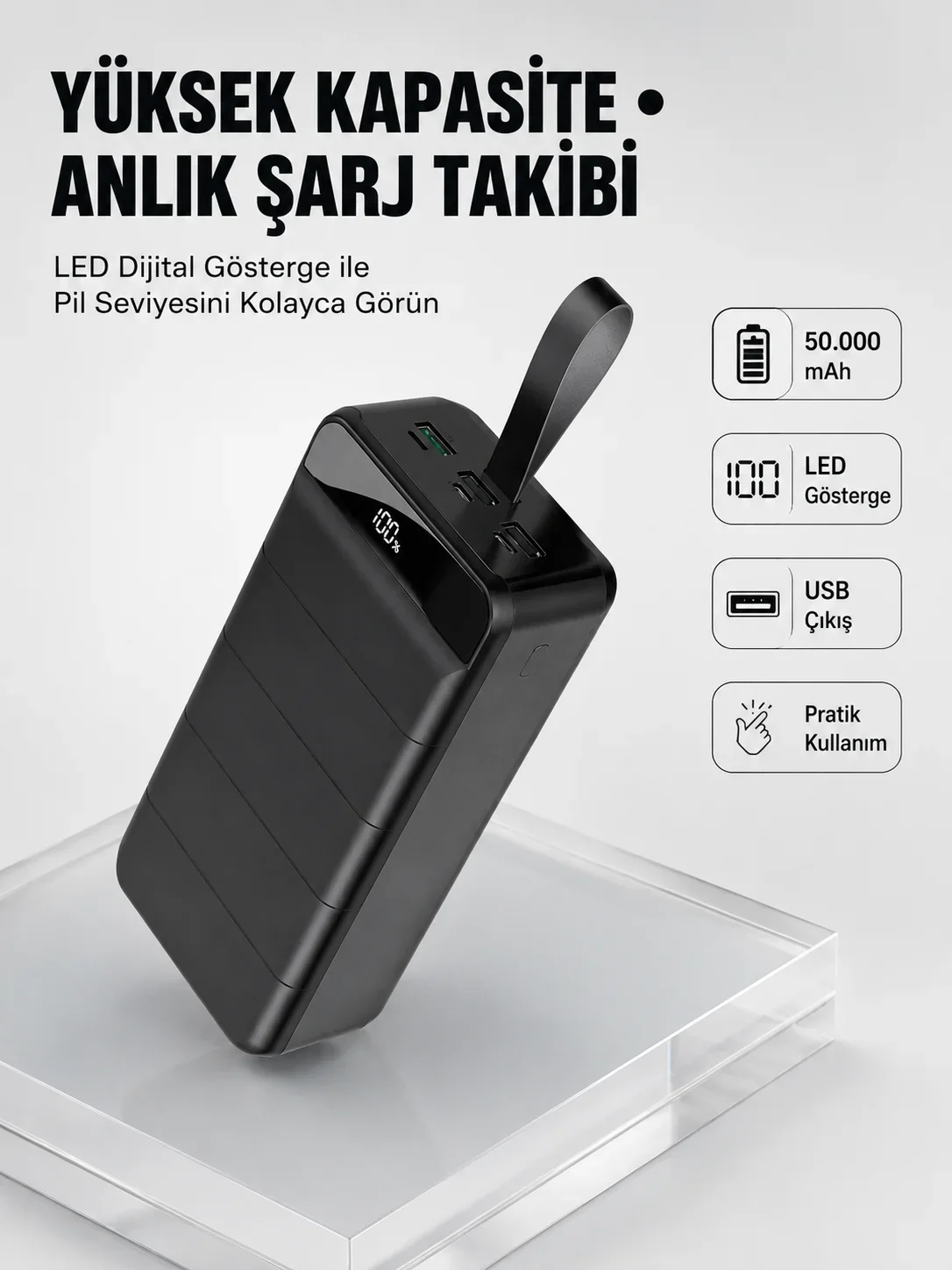 Tüm Cihazlarla Uyumlu 50.000 mAh Powerbank – Yüksek Kapasiteli, LED Gösterge ve Akıllı Koruma Fonksiyonlu