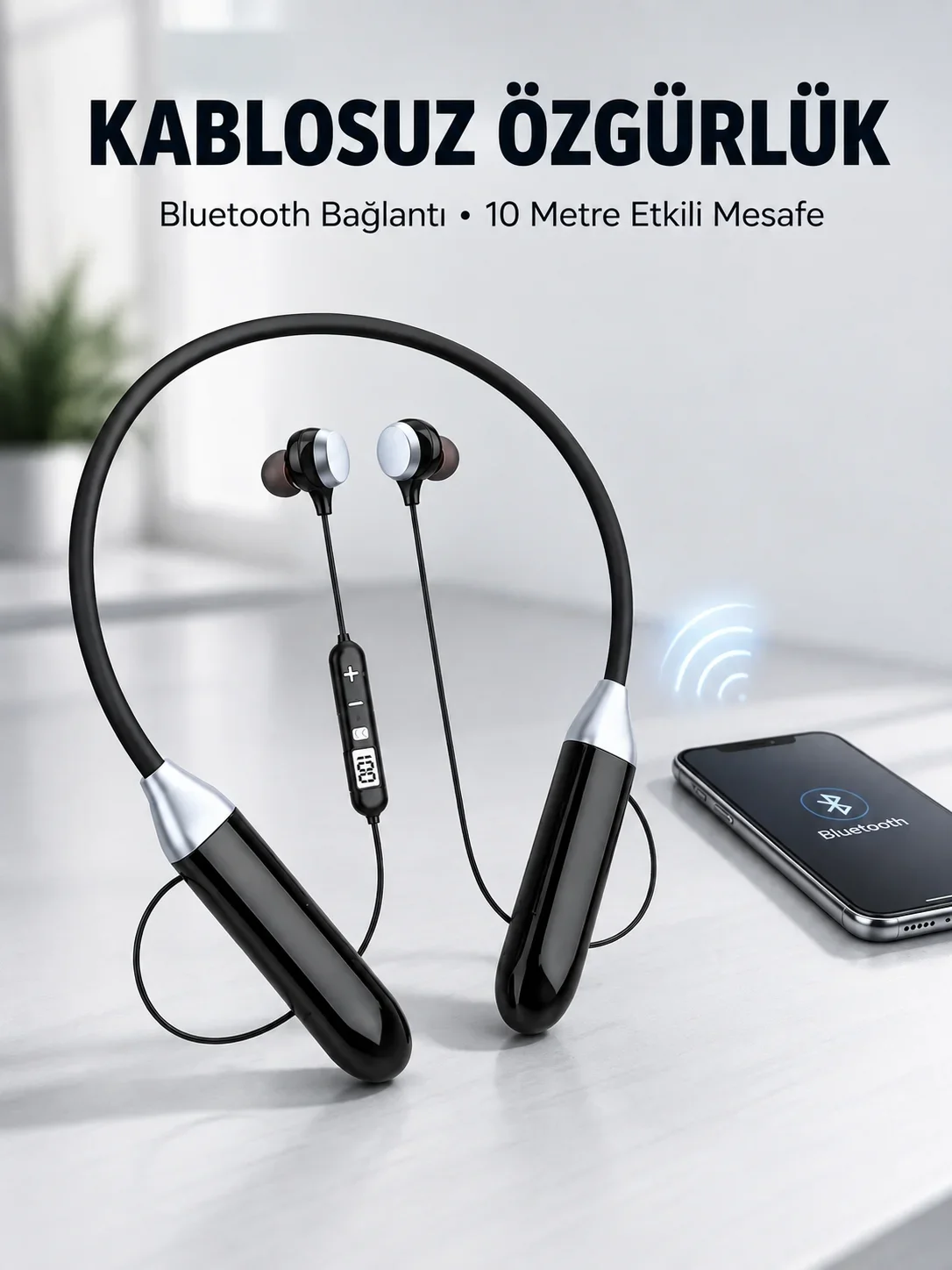 krofonlu Boyun Bantlı Bluetooth Kulaklık Kablosuz Bağlantılı Ses ve Müzik Kontrollü Kulak İçi Kulaklık