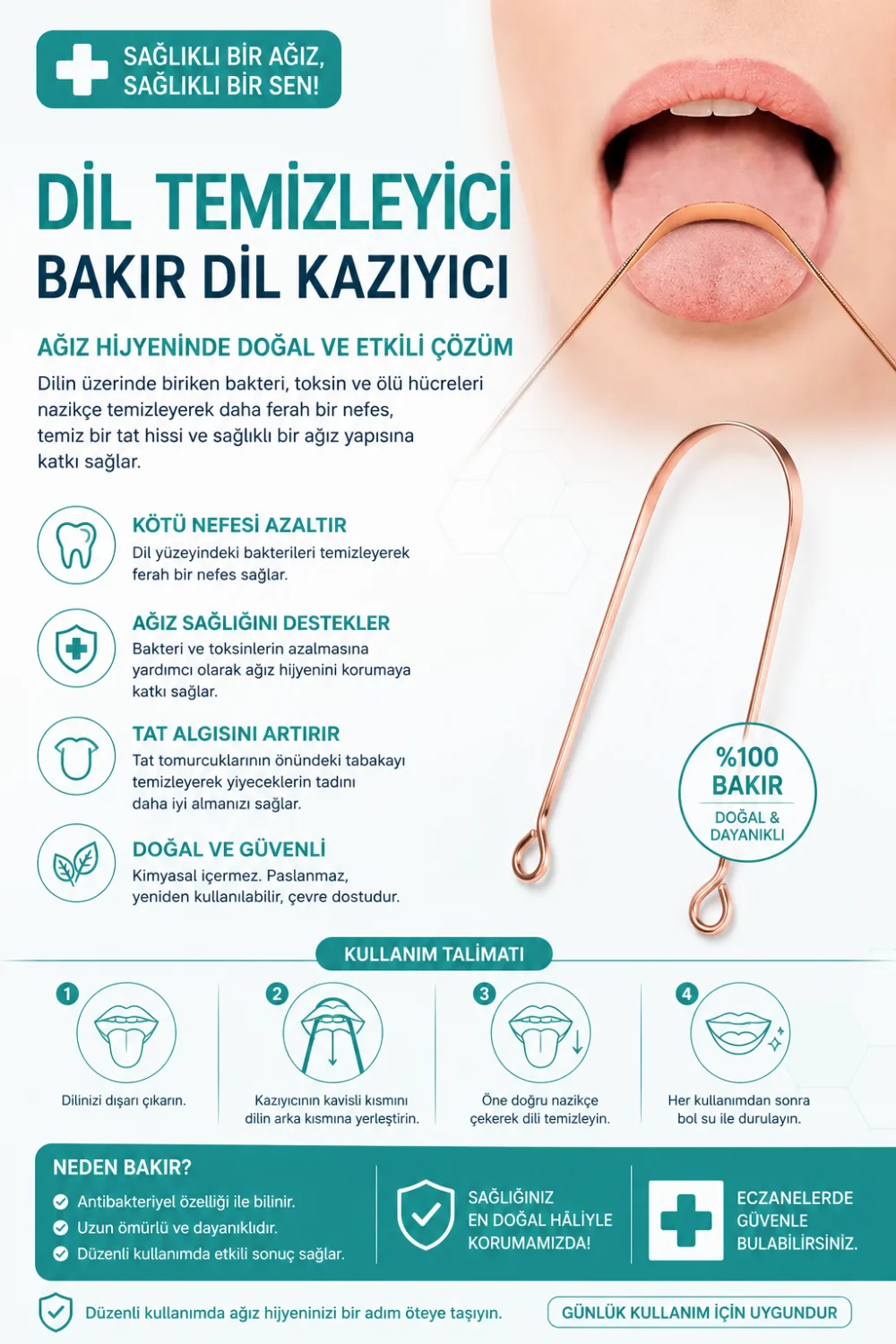 NORDMENDE Bakır Dil Temizleme Aparatı – Dil Temizleyici – Ağız Bakım Aparatı – Dil Kazıyıcı – Metal Dil Temizleme Ekipmanı görsel 2