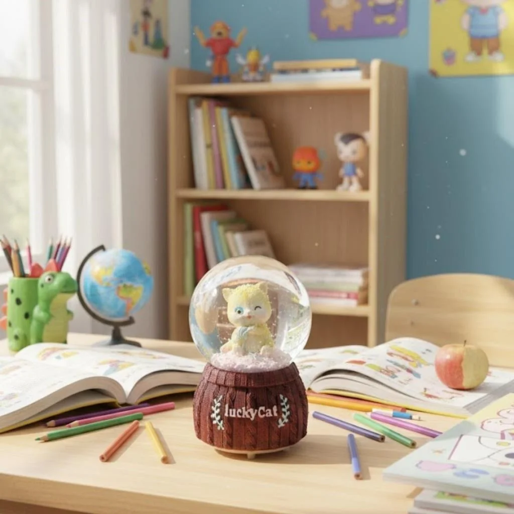 Pilli Işıklı Müzikli Kar Küresi–Şanslı Kedi Figürlü Eğlenceli Masaüstü Biblo, LED Aydınlatmalı Dekoratif Hediyelik Kar Küresi görsel 4