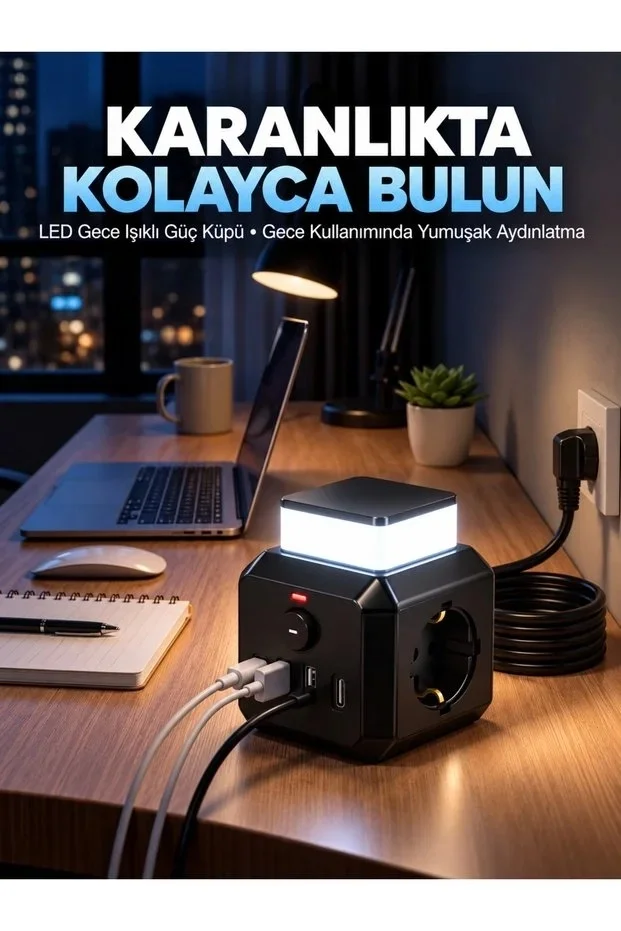 Akım Korumalı 3’lü Priz 2200W 1050J 10A Gece Lambalı 2 USB 2 Type-C Şarj Girişli Bsp-4 görsel 6