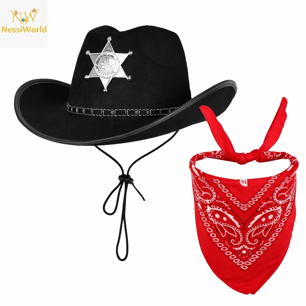 Çocuk Kovboy Şapka Rozetli Siyah & Kırmızı Bandana Seti