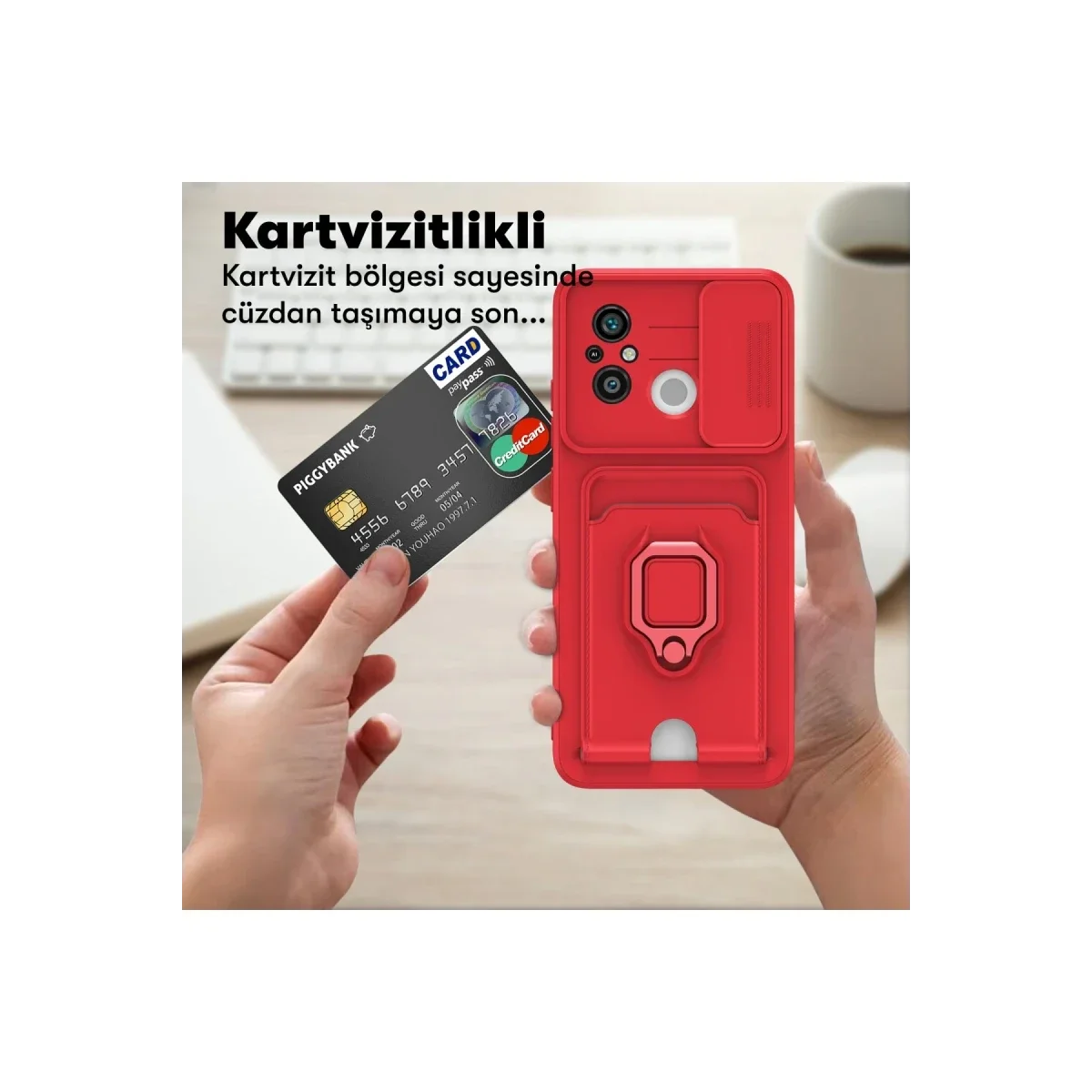 Xiaomi Redmi 12C Kılıf Zuma Kartvizitli Yüzüklü Silikon - Siyah görsel 5