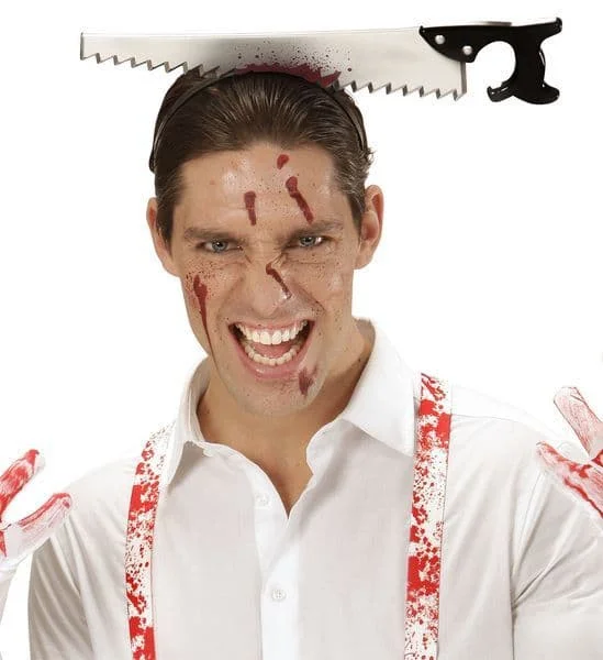 Kafaya Saplanmış Halloween Kanlı Testere Şaka Tacı görsel 2