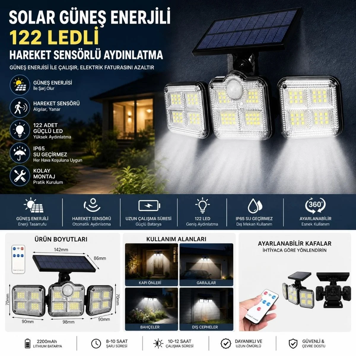 3'lü 122 LEDLİ Güneş Enerjili Hareket Sensörlü Aydınlatma, Dış Mekan Duvar ve Bahçe Lambası Solar LED görsel 5