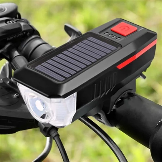Solar Enerjili USB ile Şarj Edilebilir Ledli Bisiklet Feneri Kornalı ve Su Geçirmez Far görsel 4