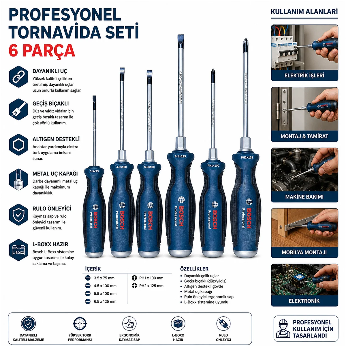 6 Parça Profesyonel Tornavida Seti (PH2 / PH1 / 3.5 / 4.5 / 5.5 / 6.5) görsel 2