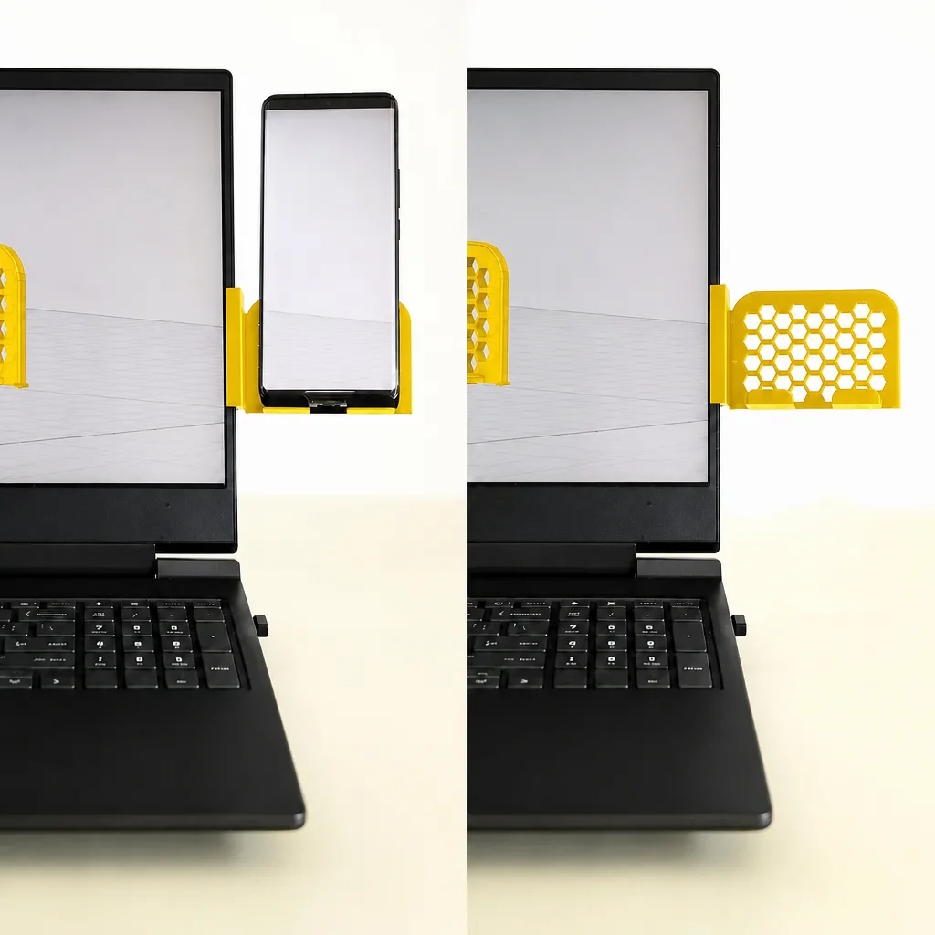 3D Baskı Monitor Telefon Tutucu - Petek Desenli Laptop Kenar Telefon Tutucu-Sarı